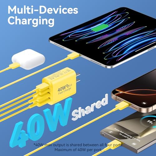 40 W USB C Charger Block – Dual Pack of 4-Port Fast Charging Power Bricks with PD & QC 3.0 Technology for i Phone 16/15/14/13/12/11 Pro Max, i Pad, Galaxy, Pixel – Sleek White & Blue Design for Convenient Multi-Device Charging