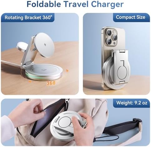 Sleek 3-in-1 Wireless Charging Station for Apple Devices – 15 W Fast Mag-Safe Qi-Certified Portable Charger Stand for i Phone 12/13/14, Apple Watch & Air Pods Pro/2/3 – Adjustable Viewing Angle & Compact Design in Elegant Silver Finish – Ultimate Convenience for Home and Office Use