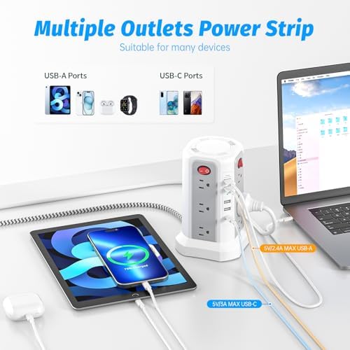 Revolutionize Your Charging Experience: 10 FT Surge Protector Power Strip Tower with 16 Outlets & 4 USB Ports – Efficient Desk Charging Station for Home, Office, or Dorm Room – Ultimate Space-Saving Solution with Robust 1625 W Power Output and Enhanced Safety Features