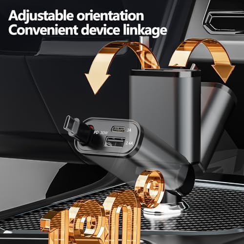 Ultra-Compact 80 W Retractable Car Charger with Built-In USB-C Cable – Fast Charging Adapter for i Phone 16/15, i Pad, Galaxy Devices, and Air Pods – Effortless Multi-Device Compatibility and Tangle-Free Storage for Road Trips and Daily Commutes