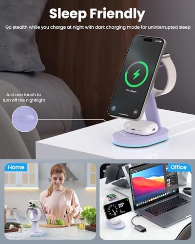 Ultimate 3-in-1 Wireless Charging Station for i Phone, Apple Watch, and Air Pods – Qi2 Certified 15 W Magnetic Charger with 30 W USB-C Adapter & Integrated Night Light – Streamlined Design for i Phone 16/15/14/13/12 – Superior Speed and Enhanced Compatibility for Modern Tech Users