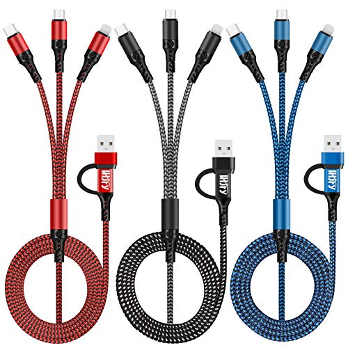 Versatile 6-in-1 Multi Charging Cable Set (3 Pack, 4 ft) – USB A/C to USB C, Micro USB, and i-P Connector for Fast Charging Multiple Devices – Ideal for Smartphones, Tablets, and Gaming Consoles – Enhanced Compatibility for Everyday Use