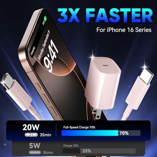 Unlock Rapid Charging Efficiency with the 20 W USB-C Power Adapter and 10 ft Cable – Ideal for i Phone 16, 15 Pro, and Galaxy S24 for Ultimate Portability and Convenience