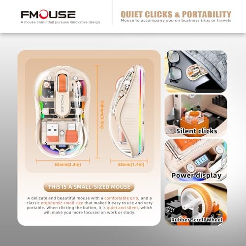 Sleek Dual Connectivity Transparent Wireless Mouse – Rechargeable RGB with USB-C Receiver for Mac Book & Laptops, Compact Design with Cool LED Lights, Silent Operation, and Magnetic Cover for Enhanced Portability – Orange