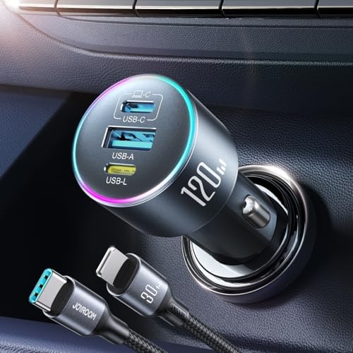 High-Power 120 W USB-C Car Charger for i Phone 16 & Samsung Galaxy S24 Ultra – Fast Charging Cigarette Lighter Adapter with Reverse Power Feature for Mac Book & Universal Device Compatibility, Perfect for Road Trips and Daily Commutes