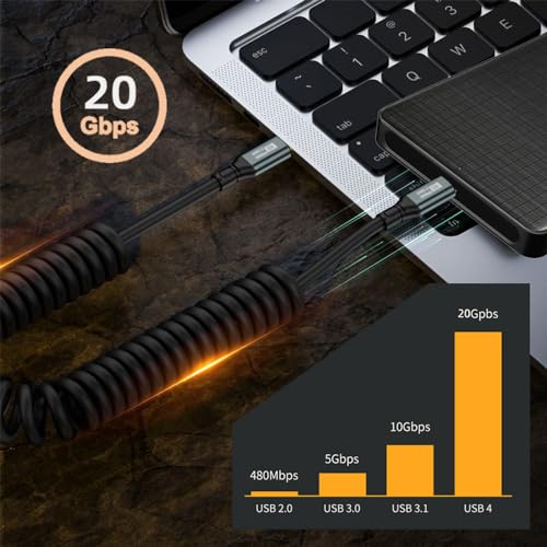 Revolutionary xiwai USB4 Type-C Male to Male Extension Cable – 20 Gbps Data Transfer with 100 W Power Delivery, 8 K Video Output, Coiled Design for Maximum Space Efficiency, and Angled Connector for Seamless Access in Compact Areas – Perfect for Laptops, Tablets, and Modern Tech Environments