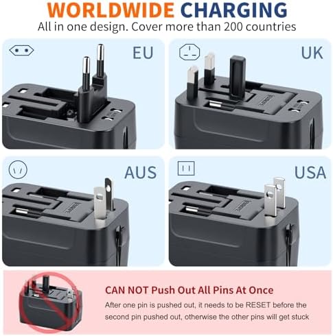 Revolutionary Worldwide Travel Adapter – Compact All-in-One Power Converter with PD 3.0 USB-C and USB-A Fast Charging for Effortless International Connectivity – Ideal Travel Essential for Phones and Laptops Across USA, EU, UK, AUS and Beyond