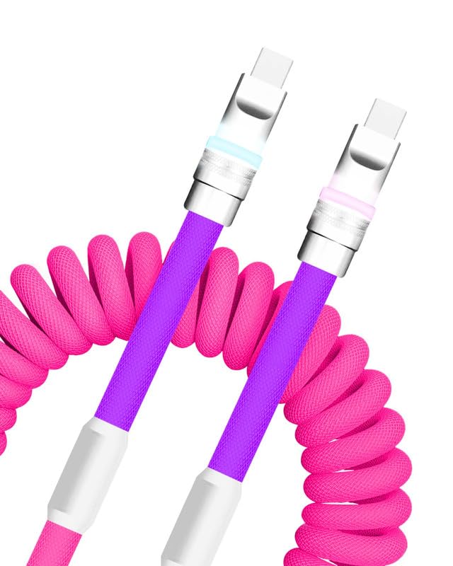 Neon Chubby Spiral Charge Cable – Vibrant 2.29-3.6 FT Type-C Coiled Charger for USB-C and Carplay Devices, Fast Sync and Charge, Tangle-Free Design in Bold Purple and Light Green, Perfect for Smartphones and Tablets