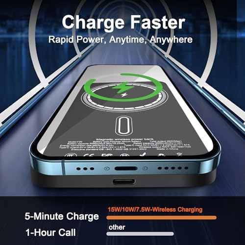 Ultra-Slim Magnetic Wireless Power Bank 5000 m Ah – 15 W Fast Charger for i Phone 16/15/14/13/12 Series – Sleek Metallic Design with USB-C Charging Cable – Enhanced Safety Features for Reliable On-the-Go Power
