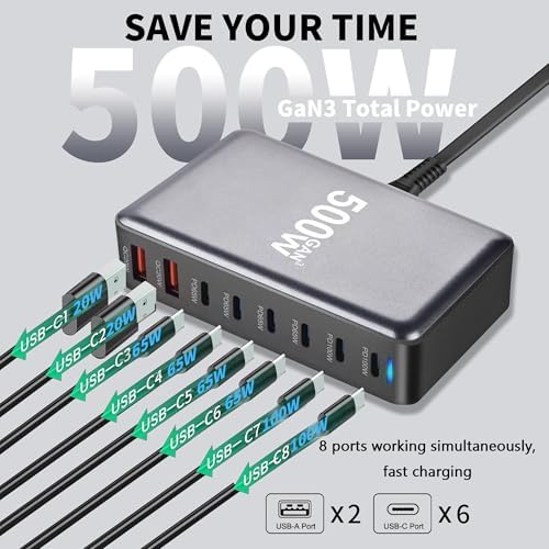 500 W USB-C Fast Charging Hub: 8-Port Power Station for Simultaneous Device Charging, PD PPS 100 W Wall Charger Compatible with Mac Book Pro/Air, i Pad, i Phone 16/15, HP, Dell, Lenovo, Acer – Optimal Speed, Universal Compatibility, and Enhanced Safety Features for All Electronics