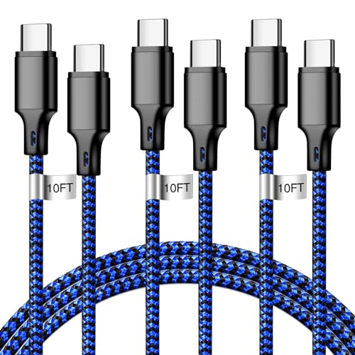 High-Speed 10 FT USB C to USB C Charger Cable – Durable Nylon Braided 3-Pack for Rapid 60 W Charging – Compatible with i Phone 15/16, i Pad Pro, Mac Book, Samsung & Google Devices – Sleek Black Design for Ultimate Flexibility and Reliability