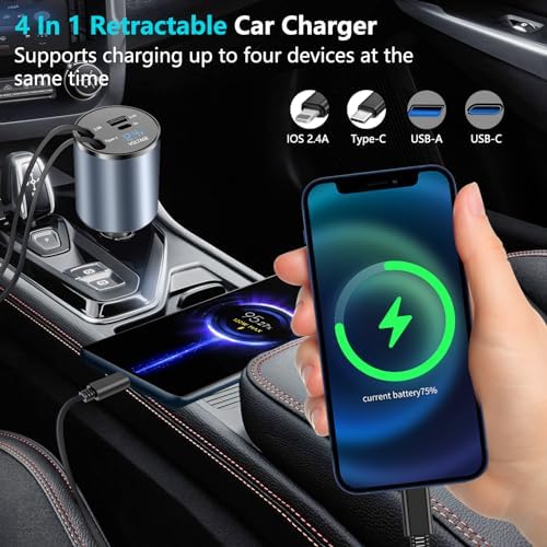 Paiholy 66 W 4-in-1 Retractable Car Charger – Dual USB Fast Charging Station with Dual i Phone Cables for i Phone 14/13/12/11 Pro Max/XS MAX and i Pad – Real-Time Voltage Display, Compact Design for Effortless Travel Convenience