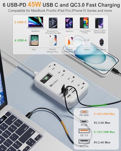 International Travel Power Adapter with 6 USB Ports and 4 AC Outlets – Versatile Plug Converter for European Destinations Including UK, France, Italy, and Germany – Compact 3 ft Extension Cord with Surge Protection for Enhanced Device Safety and Charging Efficiency