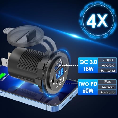 Dual PD 30 W & QC3.0 18 W Car Charger Socket – Qidoe 12 V Waterproof USB Outlet with Integrated Voltmeter for Boats, RVs, and Vehicles – High-Speed Charging and Enhanced Compatibility for All Your Devices