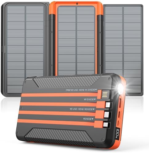 Ultimate 46,800 m Ah Solar Power Bank with 4 Built-In Cables and 3 Foldable Solar Panels – PD20 W Fast Charging Portable Charger with LED Display and SOS Camping Light for Outdoor Adventures and Emergency Use