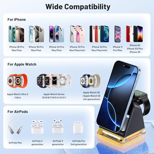 Ultimate 3-in-1 Magnetic Wireless Charging Dock for Apple Devices – Fast 15 W Qi-Certified Charger for i Phone 16/15/14/13/12, Apple Watch Series, and Air Pods – Compact, Durable Design with Non-Slip Base for Effortless Charging on the Go – Perfect Travel Companion for All Your Essential Apple Gadgets