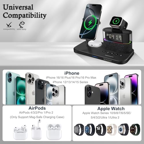 MONASAY Qi2 5-in-1 Wireless Charging Hub with Alarm Clock – 23 W Fast Charger for i Phone 16/15/14/13/12, Air Pods, and Apple Watch – Magnetic Stand for Optimal Device Alignment – Sleek Black Design for Home and Office Use – Ultimate Convenience and Speed in One Charging Solution