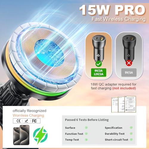 MANKIW Mag Safe Wireless Car Charger – 15 W Fast Charging Magnetic Mount for i Phone 15 Pro Max, 14, 13, 12 – Secure Magnetic Phone Holder with 360-Degree Rotation for Effortless Navigation – Essential Car Accessory for On-the-Go Charging