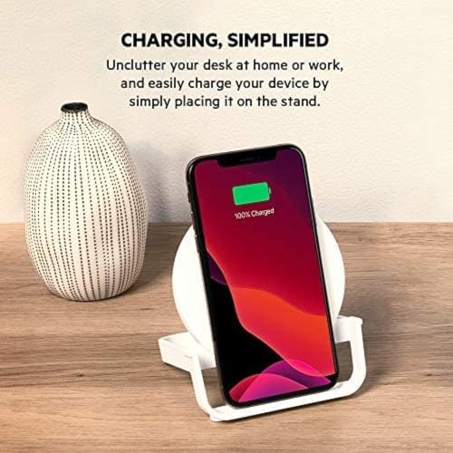 Belkin 10 W Qi-Certified Fast Wireless Charging Stand for i Phone & Samsung – Streamline Your Charging Experience with Effortless Power-Up, Perfect for Video Calls, Music, and More – Includes AC Adapter for Immediate Use – Elegant White Design Enhances Any Space