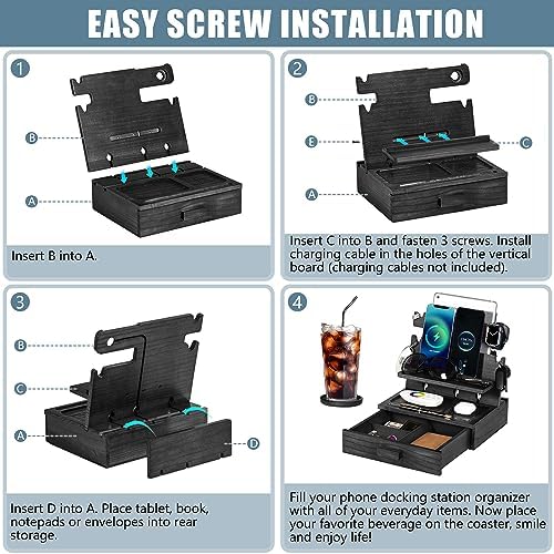 Wood Phone Docking Station for up to 3 Phones – Nightstand Organizer for Men & Women Holds Phones, Tablets, Keys, Rings, Glasses, Watches, EDC & More – with Special Drawer for Valuables – Enhanced Compatibility and Speed