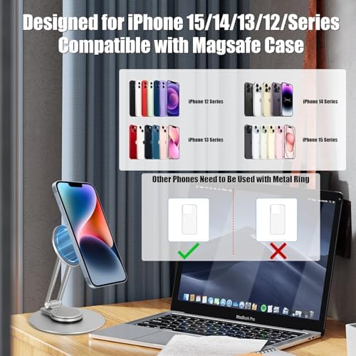Magnetic Phone Stand for Desk, 360° Rotatable Foldable Magnetic Phone Holder Stand, Height&Tilt Adjiustable, Non Slip Base Magsafe Phone Holder for iPhone 15/14/13/12 Series/Magsafe Case (Silver) – Enhanced Compatibility and Speed