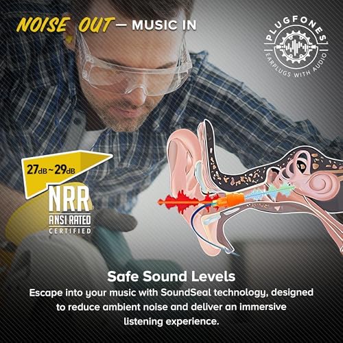 Plugfones Guardian Hybrid In-Ear Headphones with 29 d B Noise Reduction – OSHA Compliant Earplug Earbuds for Ultimate Hearing Protection and Superior Sound Quality – Includes Waterproof Case (Blue & Orange) for Easy Portability and Enhanced Durability