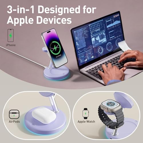 2025 Premium 3-in-1 Wireless Charging Station for i Phone 16, 15, 14, 13, 12 – Mag-Safe Compatible Charger Stand for Air Pods and i Watch – Fast, Efficient Power Hub with Sleek Design and Overcharge Protection for Home or Travel