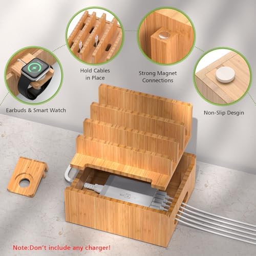 Eco-Friendly Bamboo Charging Station: Multi-Device Organizer with 5 USB Ports, Smartwatch & Earbuds Stand – Ultimate Desk Dock for Cell Phones and Tablets, Enhanced Speed & Compatibility