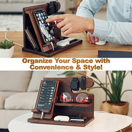 TESLYAR Wood Phone Docking Station for Men – Desktop or Nightstand Organizer – Birthday Gifts for Men, Dad – Anniversary Idea from Wife – Key Holder, Stand Wallet, Watch & Essentials (Antique Brown) – Enhanced Compatibility and Speed