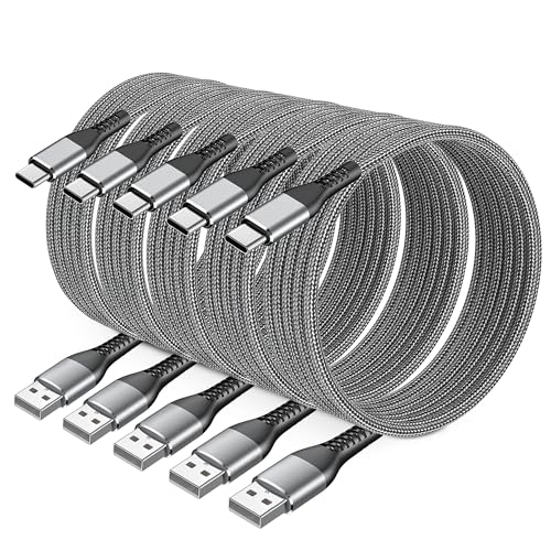 Ultra-Durable 5-Pack i Phone Charger Cables – Versatile 3, 6, & 10 FT USB A Fast Charging Cords for i Phone 16/15 Pro Max & Samsung Galaxy S10/S9/S8 Plus – Tangle-Free Design in Sleek Gray – Maximum Compatibility & Performance for Home and Office Use