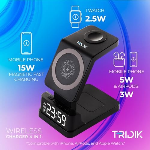 TRIDIK 4-in-1 Wireless Charging Station with Digital Clock & Alarm – 15 W Fast Charger for i Phone, Apple Watch & Air Pods – Includes 20 W Adapter – Ultimate Dock for Enhanced Compatibility & Sleek Design