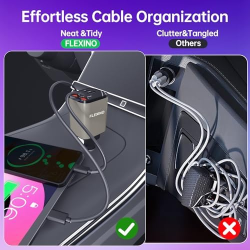 Premium Flexino Compact Retractable Car Charger for i Phone 16 – 69 W Fast Charging with Dual 2.6 ft USB C Cords | Efficient Power Adapter Compatible with i Phone 16/15/14/13/12 Series & Galaxy Devices | Sleek Grey Design for Ultimate Portability and Reduced Cable Clutter