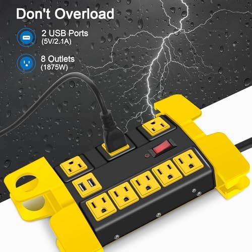 Industrial Heavy Duty Power Strip with 8 Outlets & USB Ports – 2700 Joules Surge Protector for Workshop & Garage – 15 Amp Metal Power Strip with 6 FT Extension Cord for Enhanced Device Compatibility & Fast Charging