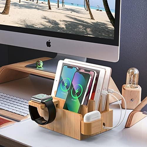 Eco-Friendly Bamboo 5-Port USB Charging Station: Versatile Multi-Device Organizer with Smartwatch and Earbuds Stand for Efficient Power Management – Perfect for Home and Office Use
