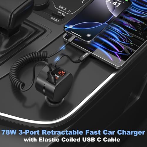 OKRAY 78 W Retractable USB C Car Charger with Coiled Cable – Fast PD30 W Charging for Samsung Galaxy S25, S24, A16 & i Phone 16, 15 Pro Max – Multi-Port 12 V Cigarette Lighter Adapter for Seamless Travel Power Solutions