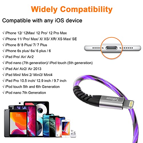 Vibrant LED Lightning Charging Cable for i Phone – MFi Certified 6 FT Fast Charge USB Cord with Dynamic RGB Light-Up Feature for Enhanced Compatibility and Performance with i Phone 14, 13, 12, 11 Pro Max, XR, X, SE, 8 Plus, i Pad, and i Pod – Durable and Stylish Tech Accessory for Home and On-the-Go Charging