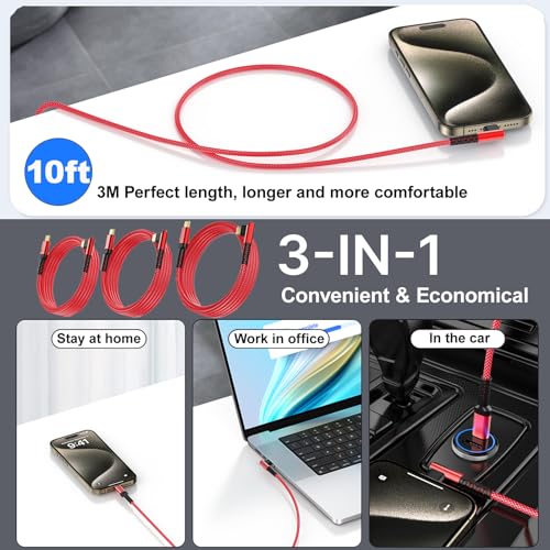 Maximize Your Charging Efficiency with 3-Pack 10 FT 60 W USB C to USB C Cables – Durable Braided Design, Ergonomic Right Angle Connector for Seamless Use with i Phone 16/15 Pro Max Plus, Galaxy S25/S24, i Pad Pro/Air, Mac Book Pro/Air – Ideal for Home, Office, and Travel Convenience
