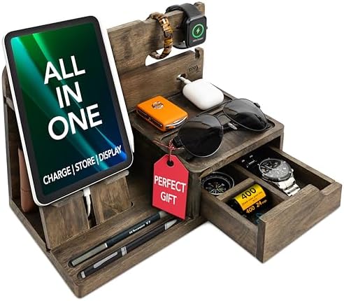 Nightstand Organizer – Bedside Docking Station for Men -Unique Gifts for Husband, Father or Dad from Wife, Son or Daughter -Desk Organizer for Phone, Watches & Accessories (Rustic) – Enhanced Compatibility and Speed