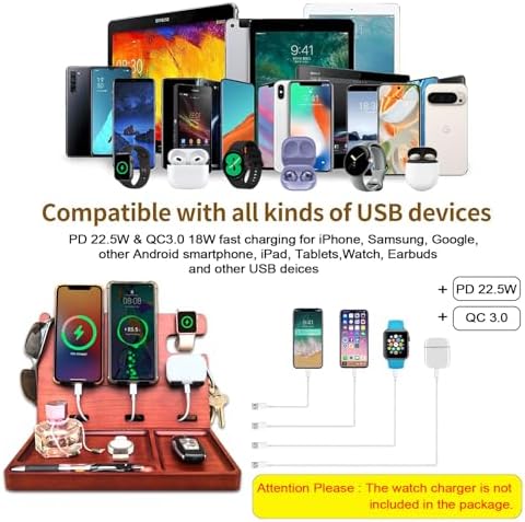 Wooden USB Charging Station for Multiple Devices – Fast Charging Dock with QC3.0 & PD 22.5 W Type-C for i Phone, Samsung, Google Android, Smartwatch, and Earbuds – Perfect Gift for Tech-Savvy Men – Stylish Organization & Enhanced Compatibility