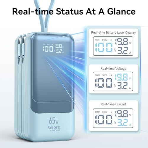 Ultimate Fast Charging Power Bank 18400 m Ah 65 W – Portable Laptop Charger with Built-in USB-C & Lightning Cables, LED Display, Ideal Travel Battery Pack for i Phone 16/15/14/13/12, Mac Book & Samsung – Unmatched Compatibility & Efficiency