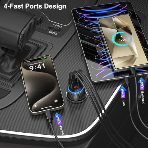 High-Speed USB C Car Charger 3-Pack – 65 W Dual Port QC+PD 3.0 Fast Charging Adapter with Voltmeter for i Phone 16-12, i Pad Pro Max & Android Devices – Reliable Multi-Port Cigarette Lighter Charger in Sleek Black/Gray Design