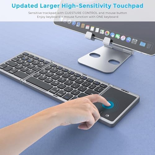 Portable Tri-Fold Bluetooth Keyboard with Touchpad – Rechargeable Multi-Device Wireless Companion for Laptops, i Pads, and Smartphones – Perfect Travel Accessory for Windows, i OS & Android Users – Enhance Your On-the-Go Productivity