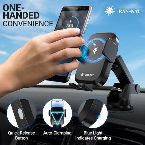15 W Qi Wireless Car Charger with Auto-Clamping Technology – Versatile 3-in-1 Phone Mount for Dashboard, Windshield, or Air Vent – 360° Rotating Holder for i Phone, Samsung, LG & Motorola – Fast Charging Solution for All Compatible Devices – Enhance Your Driving Experience with Premium Convenience and Safety
