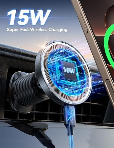 JOYROOM Mag Safe Car Mount Charger – 15 W Fast Wireless Charging for i Phone 12-16 Pro Max Plus, Enhanced Dual-Clip Grip for Secure Dashboard & Air Vent Installation, Stylish Dark Blue Finish, Ultimate On-the-Go Power Solution for i Phone 15 Accessories