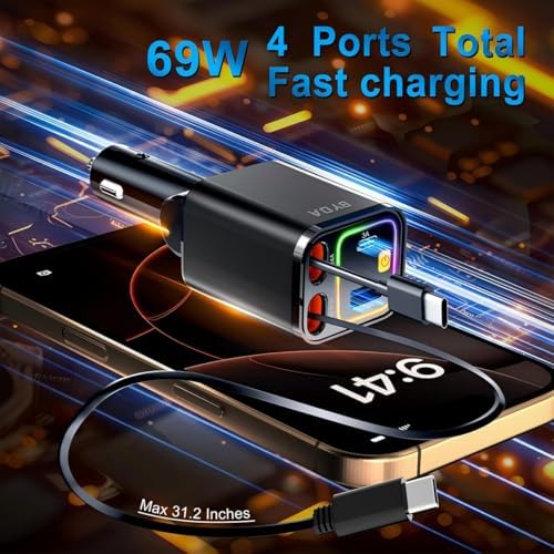 Revolutionary 2025 Micro-Version 4-in-1 Retractable Car Charger – 69 W Fast Charging USB C Adapter for i Phone 16/15/14/13, Samsung Galaxy, i Pad, Pixel – Ultimate Convenience with Tangle-Free Design and Enhanced Compatibility for All Your Devices