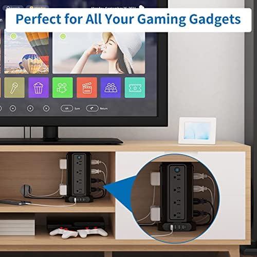 10 ft NTONPOWER Power Strip Tower with 8 Outlets & 5 USB Ports – Premium Surge Protector with Individual Switches, 1080 Joules Protection, 13 A Circuit Breaker – Ideal for Home Office & Entertainment Setup, Sleek Black Design for Ultimate Convenience