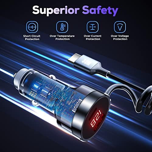 75 W Metal 3-Port USB C Car Charger with Built-in 6 ft Coiled Cable – Super Fast PD & QC3.0 Charging for Samsung Galaxy S22/21, i Phone, i Pad Pro, Pixel, and Android Devices – Universal Compatibility and Enhanced Safety Features for On-the-Go Power