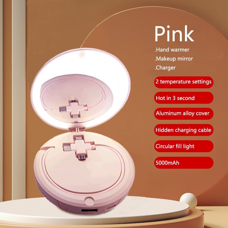 3-in-1 Women’s Portable Power Bank & Hand Warmer with Illuminated Makeup Mirror – 5000 m Ah Fast Heating USB Charger for Outdoor Adventures, Office, and Travel – Stylish and Functional Essential for Modern Women on the Go