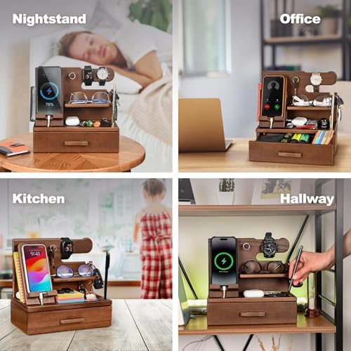 TESLYAR Wood Phone Docking Station with Drawer – Nightstand Organizer – Desk Organizer for Husband – Birthday Gifts for Men, Dad, Anniversary Idea, Key Holder Stand Watch & Accessories (Bourbon Brown) – Enhanced Compatibility and Speed