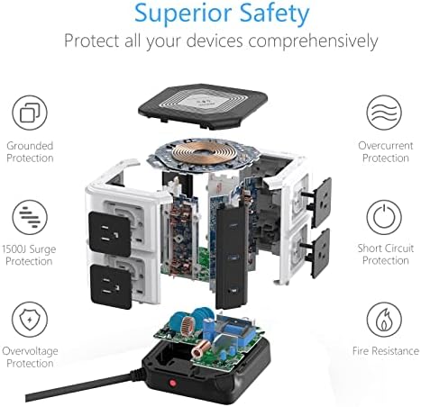 BESTEK Multi-Outlet USB Power Hub with Wireless Charging Station – 8 AC Outlets & 6 USB Ports (40 W) Surge Protector | 1500 Joules ETL Listed for Safe Use – Ideal Dorm Room Essential & Home Office Accessory in Sleek Black Finish
